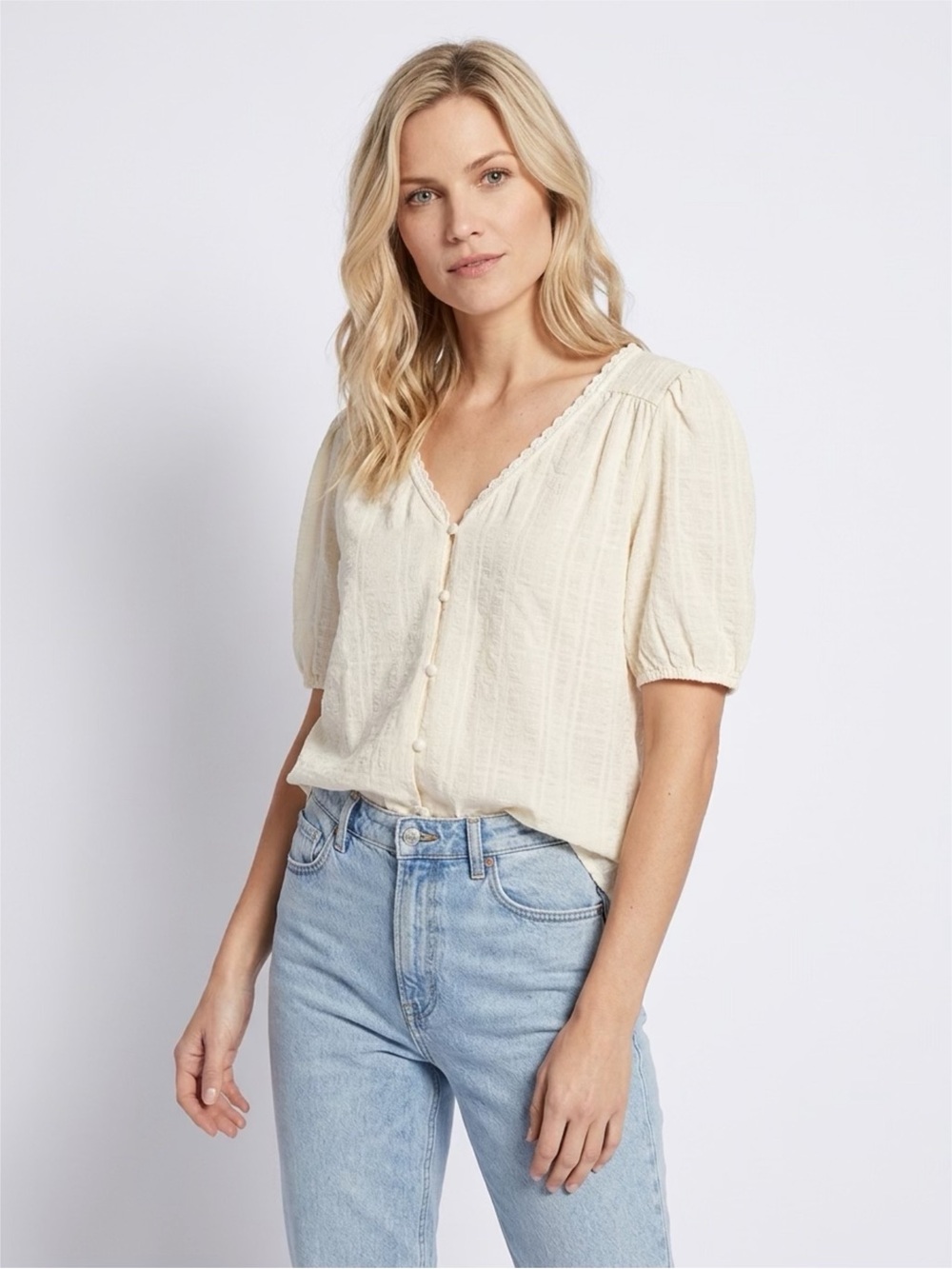 Blu Pepper Cream V-Neck Button Front Puff Sleeve Blouse